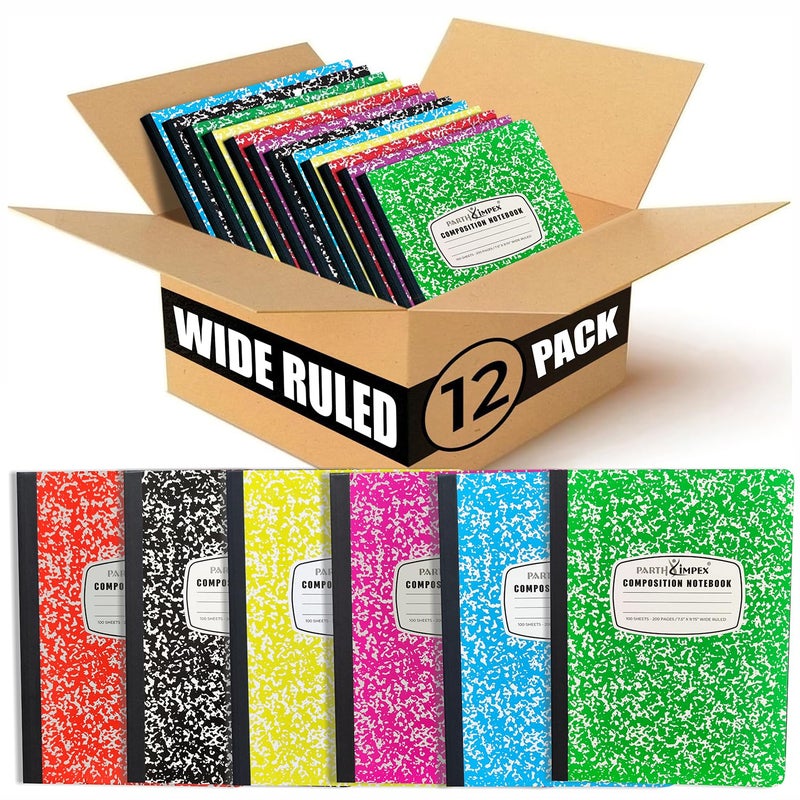 PARTH iMPEX 12 Pack Bulk Composition Notebooks Wide Ruled, 200 Pages (100 Sheets), 9-3/4 x 7-1/2, Hard Cover Wide Ruled Notebooks in 6 Assorted Colors, Composition Notebook For School College Office - Image 1